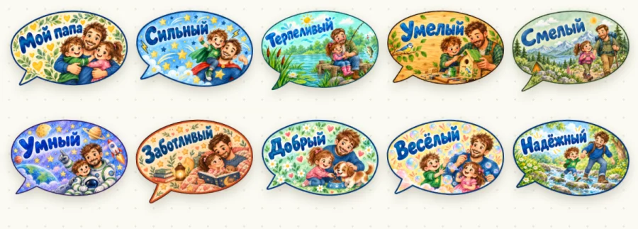 Речевые облачка «Мой папа»: сильный, смелый, умный, заботливый, добрый, терпеливый, умелый, весёлый, надёжный