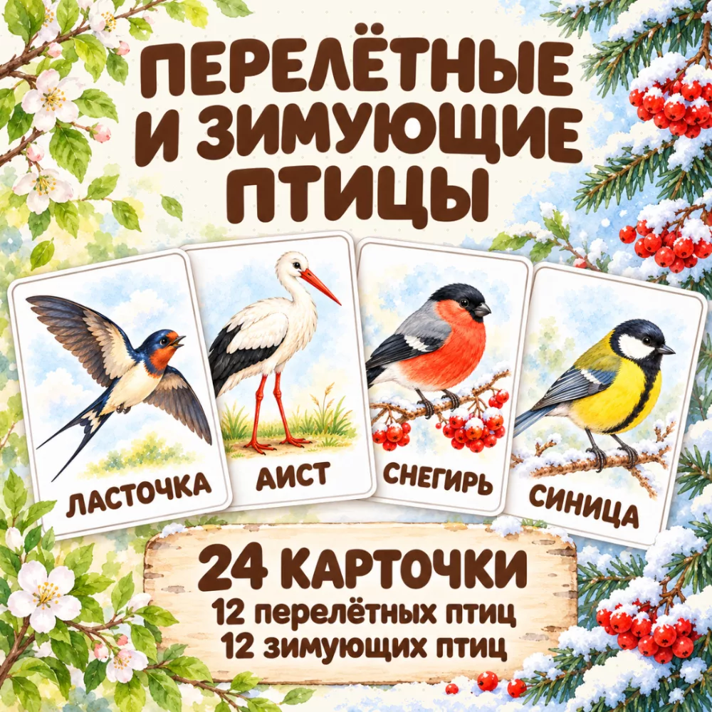 Карточки «Перелётные и зимующие птицы» — 24 карточки для детей
