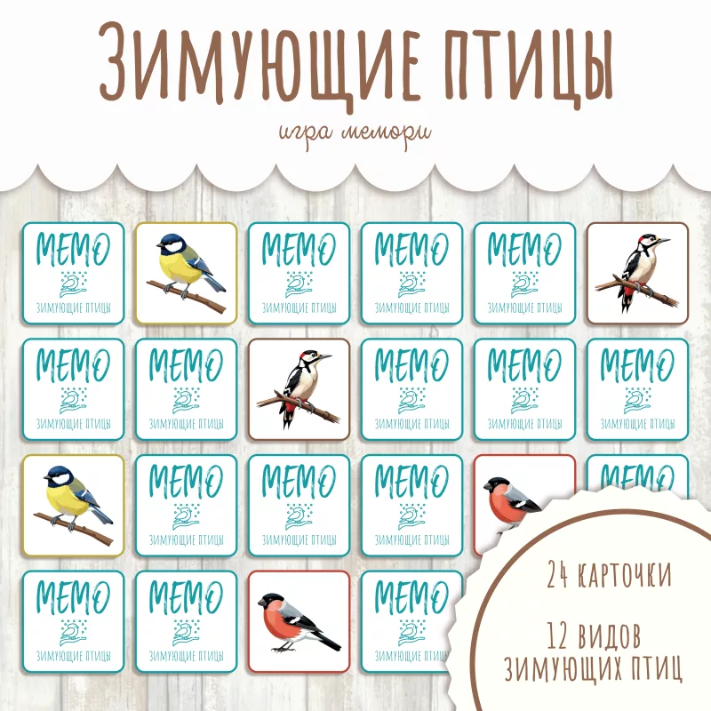 Карточки для игры Мемори Зимующие птицы