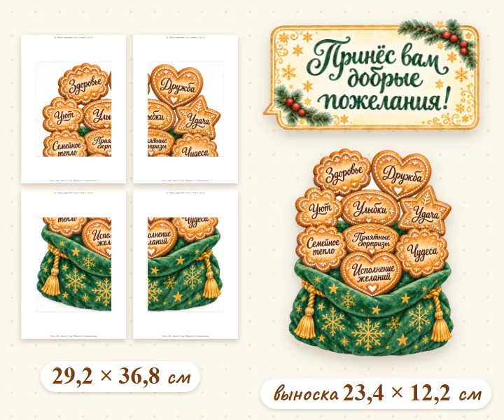 Новогоднее оформление «Мешок добрых пожеланий» — Дед Мороз с пряниками, 2 размера — фото 4