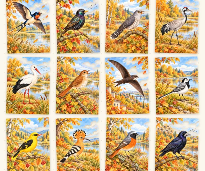 Разрезные картинки «Перелётные птицы осенью» — 12 картинок по 12 частей — фото 2