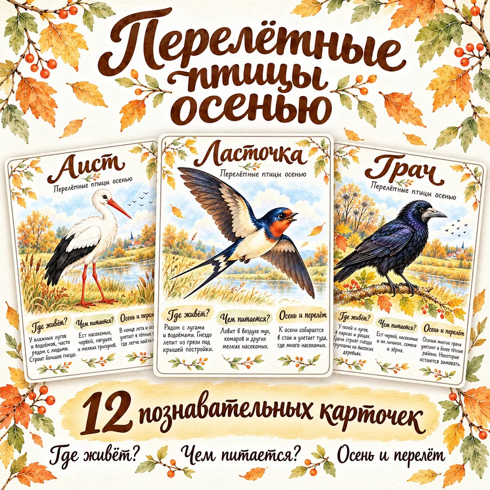 Перелётные птицы осенью — 12 познавательных карточек «Где живёт? Чем питается?»