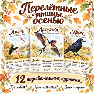 Перелётные птицы осенью — 12 познавательных карточек «Где живёт? Чем питается?»